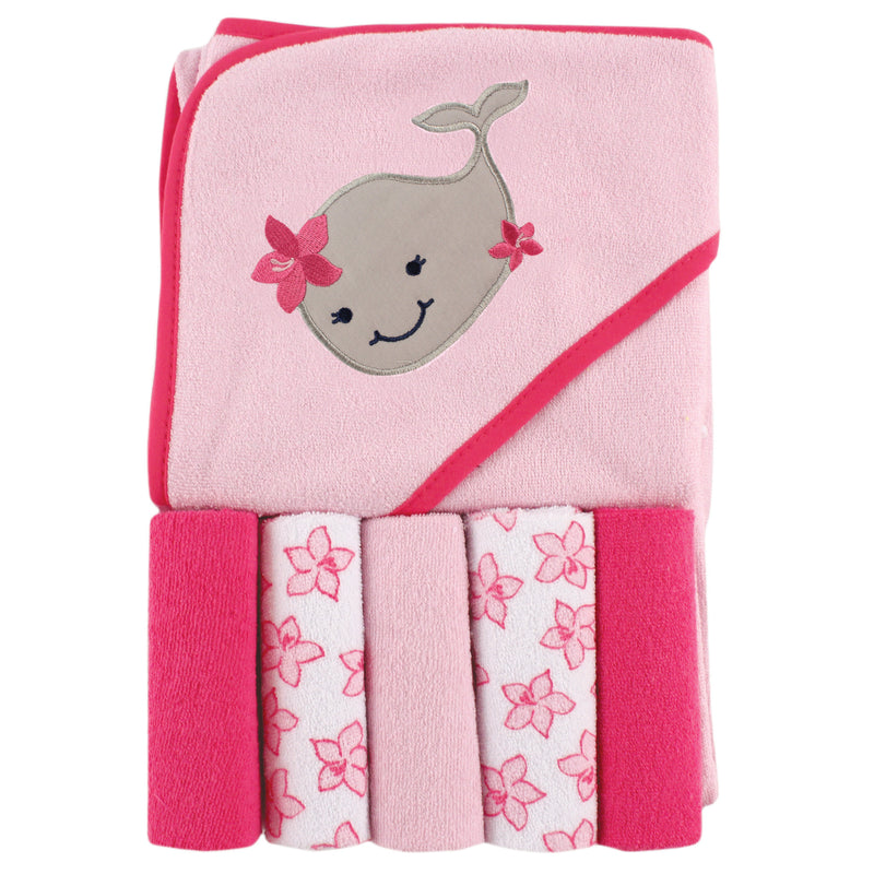Luvable Friends Hooded Towel with Five Washcloths, Girly Whale