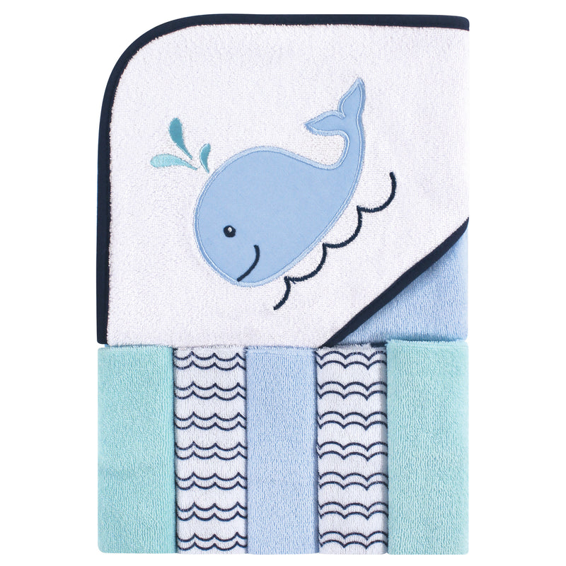 Luvable Friends Hooded Towel with Five Washcloths, Boy Whale