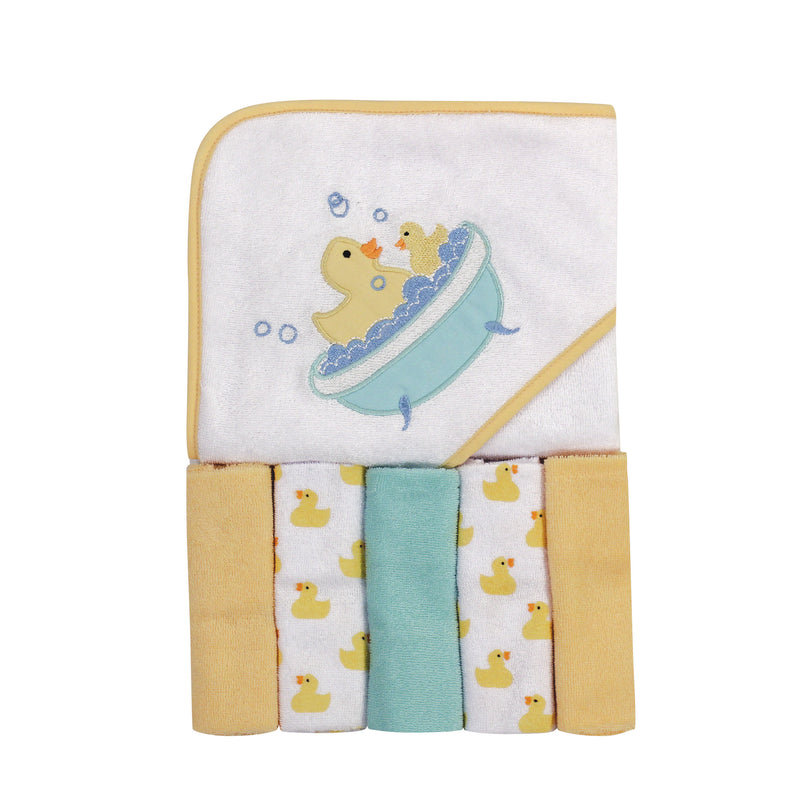 Luvable Friends Hooded Towel with Five Washcloths, Bathtime Duck