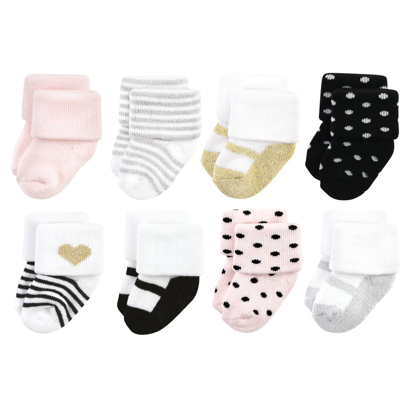 Hudson Baby Cotton Rich Newborn and Terry Socks, Silver Gold Pink