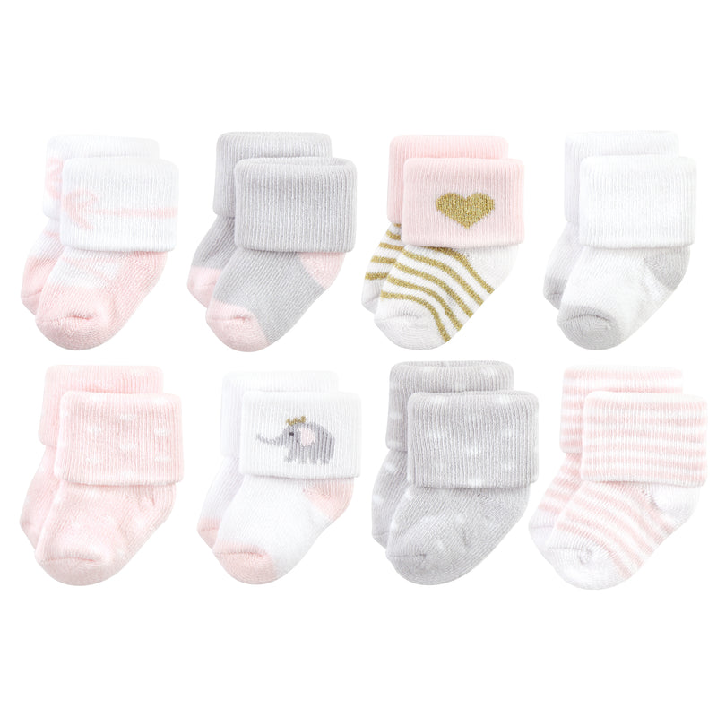 Hudson Baby Cotton Rich Newborn and Terry Socks, Pink Gray Elephant