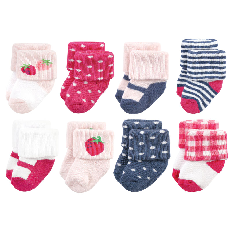 Hudson Baby Cotton Rich Newborn and Terry Socks, Pink Strawberry