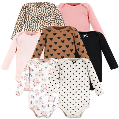 Hudson Baby Cotton Long-Sleeve Bodysuits, Cinnamon Pink Prints 7-Pack