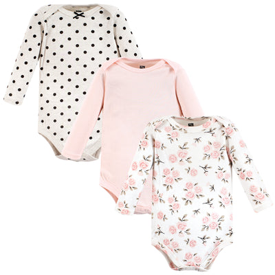 Hudson Baby Cotton Long-Sleeve Bodysuits, Cinnamon Pink Prints 3-Pack