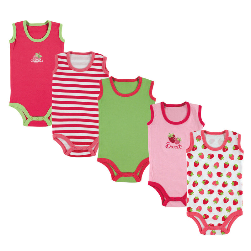 Luvable Friends Cotton Sleeveless Bodysuits, Pink Strawberry 5Pack