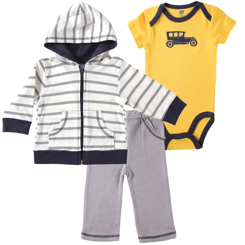 Hudson Baby Cotton Hoodie, Bodysuit or Tee Top and Pant Set, Car