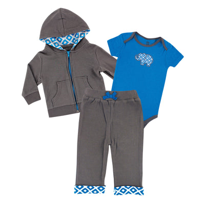 Yoga Sprout Cotton Hoodie, Bodysuit or Tee Top, and Pant, Blue Elephant Baby