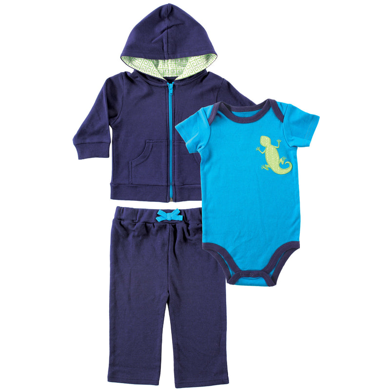 Yoga Sprout Cotton Hoodie, Bodysuit or Tee Top, and Pant, Lizard Baby