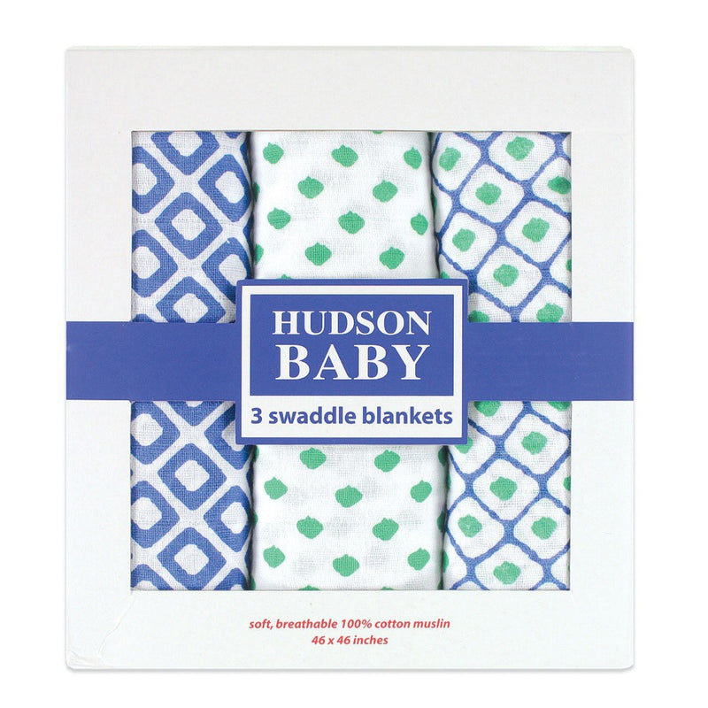 Hudson Baby Cotton Muslin Swaddle Blankets, Blue Dots