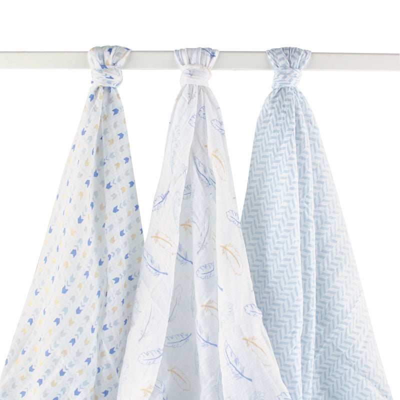 Hudson Baby Cotton Muslin Swaddle Blankets, Blue Feather