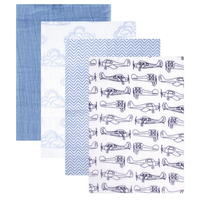 Hudson Baby Cotton Muslin Swaddle Blankets, Blue Airplane