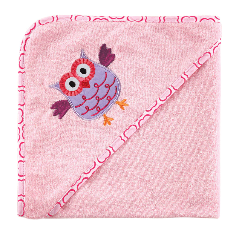 Luvable Friends Hooded Towel and Washcloth, Pink Owl