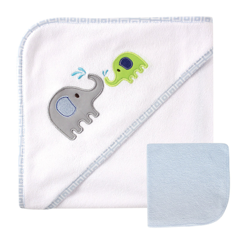 Luvable Friends Hooded Towel and Washcloth, Blue Elephant