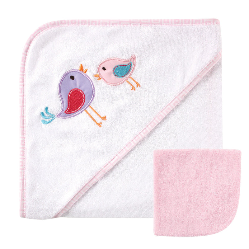 Luvable Friends Hooded Towel and Washcloth, Pink Bird