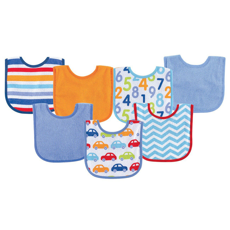 Luvable Friends Cotton Terry Drooler Bibs with PEVA Back, Blue Car