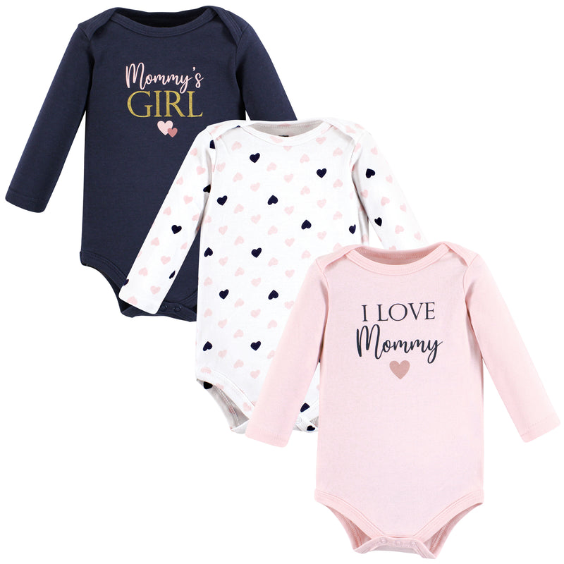 Hudson Baby Cotton Long-Sleeve Bodysuits, Girl Mommy Pink Navy 3-Pack