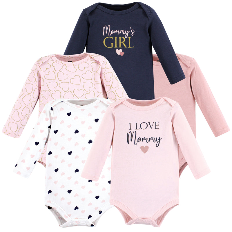 Hudson Baby Cotton Long-Sleeve Bodysuits, Girl Mommy Pink Navy 5-Pack