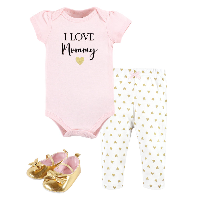 Hudson Baby Cotton Bodysuit, Pant and Shoe Set, Girl Mommy