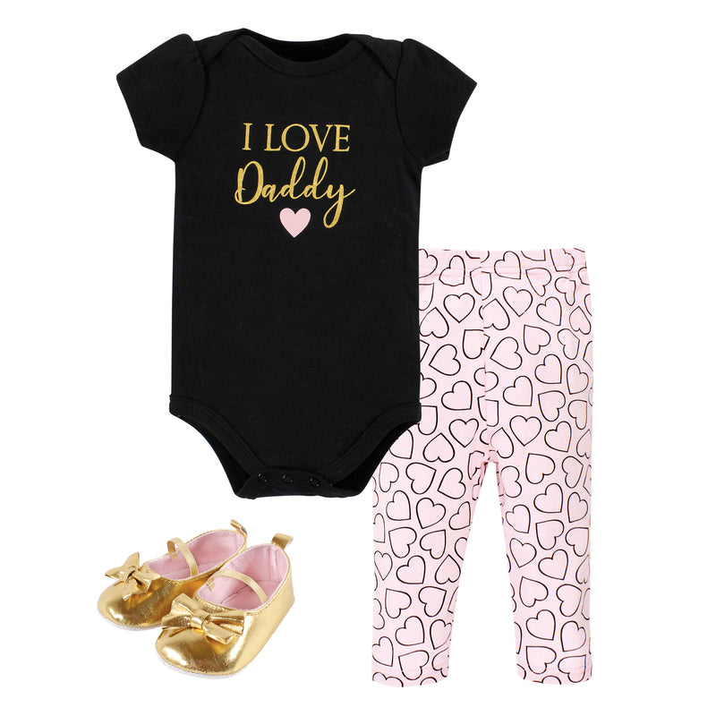 Hudson Baby Cotton Bodysuit, Pant and Shoe Set, Girl Daddy