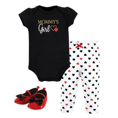 Hudson Baby Cotton Bodysuit, Pant and Shoe Set, Girl Mommy Red Black