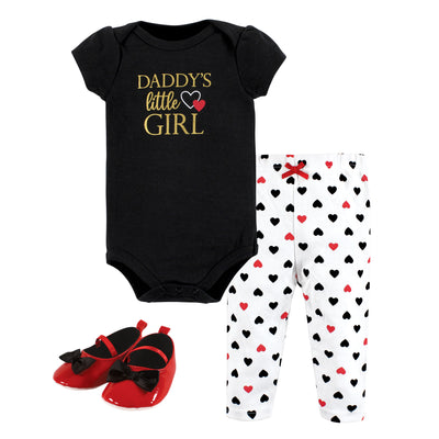 Hudson Baby Cotton Bodysuit, Pant and Shoe Set, Girl Daddy Red Black