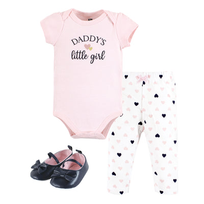 Hudson Baby Cotton Bodysuit, Pant and Shoe Set, Girl Daddy Pink Navy