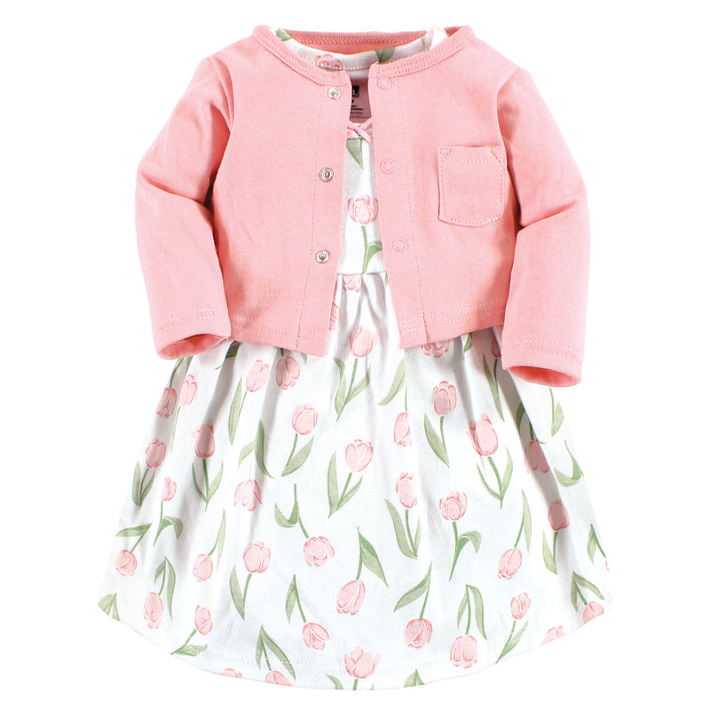Hudson Baby Cotton Dress and Cardigan Set, Pink Tulips