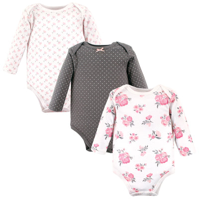 Hudson Baby Cotton Long-Sleeve Bodysuits, Basic Pink Gray Floral