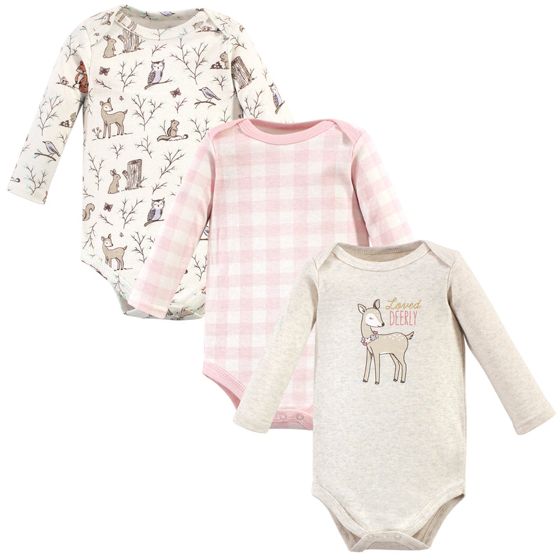 Hudson Baby Cotton Long-Sleeve Bodysuits, Pink Enchanted Forest