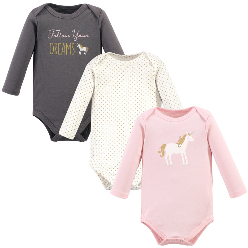 Hudson Baby Cotton Long-Sleeve Bodysuits, Gold Unicorn 3-Pack