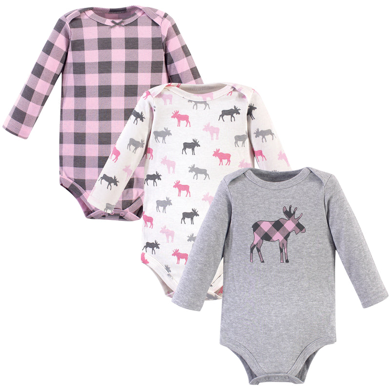 Hudson Baby Cotton Long-Sleeve Bodysuits, Pink Moose 3-Pack