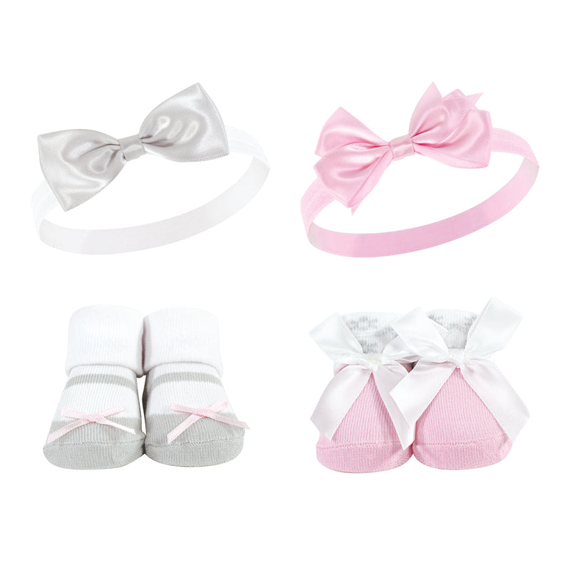 Hudson Baby Headband and Socks Set, Pink Gray