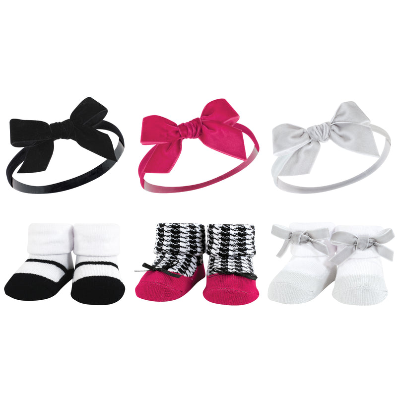 Hudson Baby Headband and Socks Giftset, Black Pink