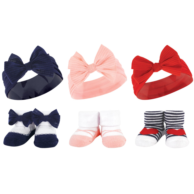 Hudson Baby Headband and Socks Giftset, Red Blue Bows