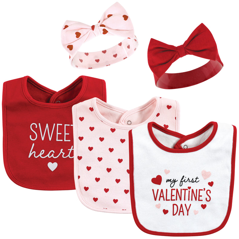 Hudson Baby Cotton Bib and Headband or Caps Set, Valentine Sweetheart