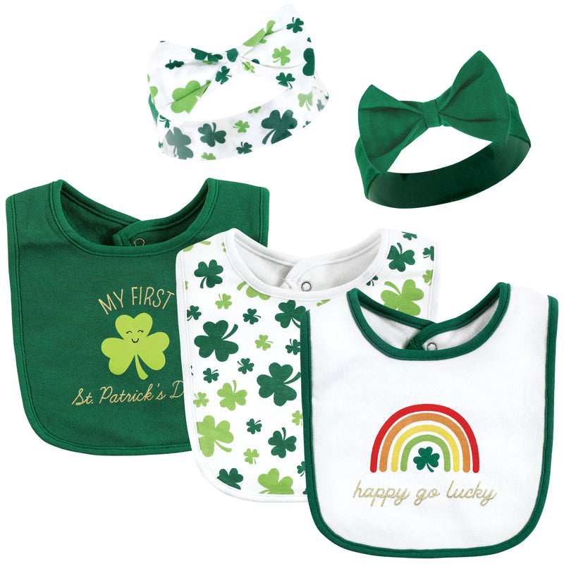 Hudson Baby Cotton Bib and Headband or Caps Set, St Patricks Rainbow