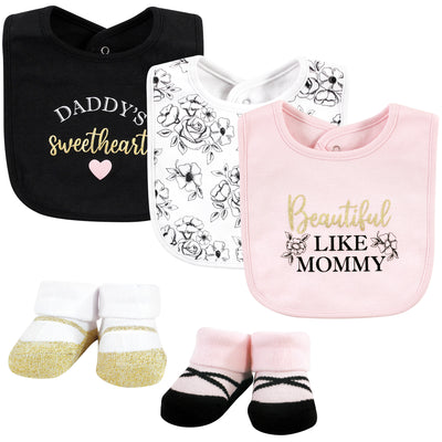 Hudson Baby Cotton Bib and Sock Set, Mom Dad Toile