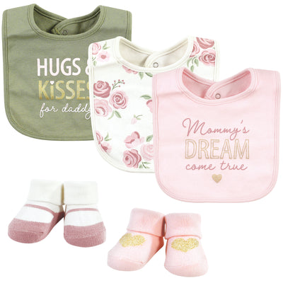 Hudson Baby Cotton Bib and Sock Set, Mom Dad Floral