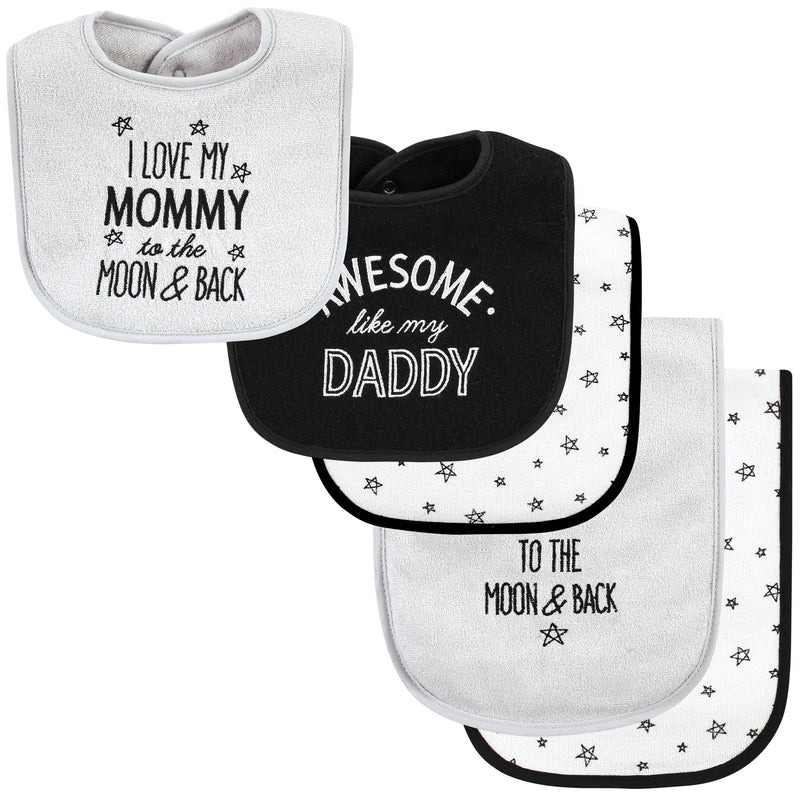 Hudson Baby Cotton Terry Bib and Burp Cloth Set, Mom Dad Moon And Back