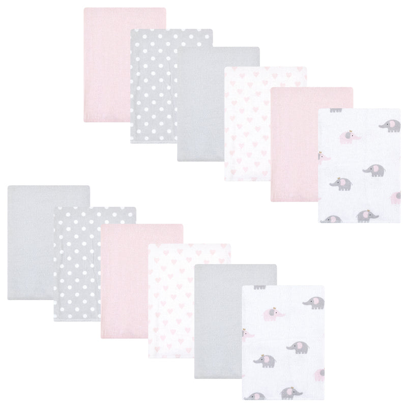 Hudson Baby Cotton Flannel Burp Cloths Bundle, Pink Gray Elephant