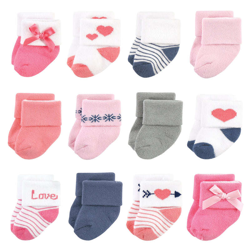 Hudson Baby Cotton Rich Newborn and Terry Socks, Pink Love
