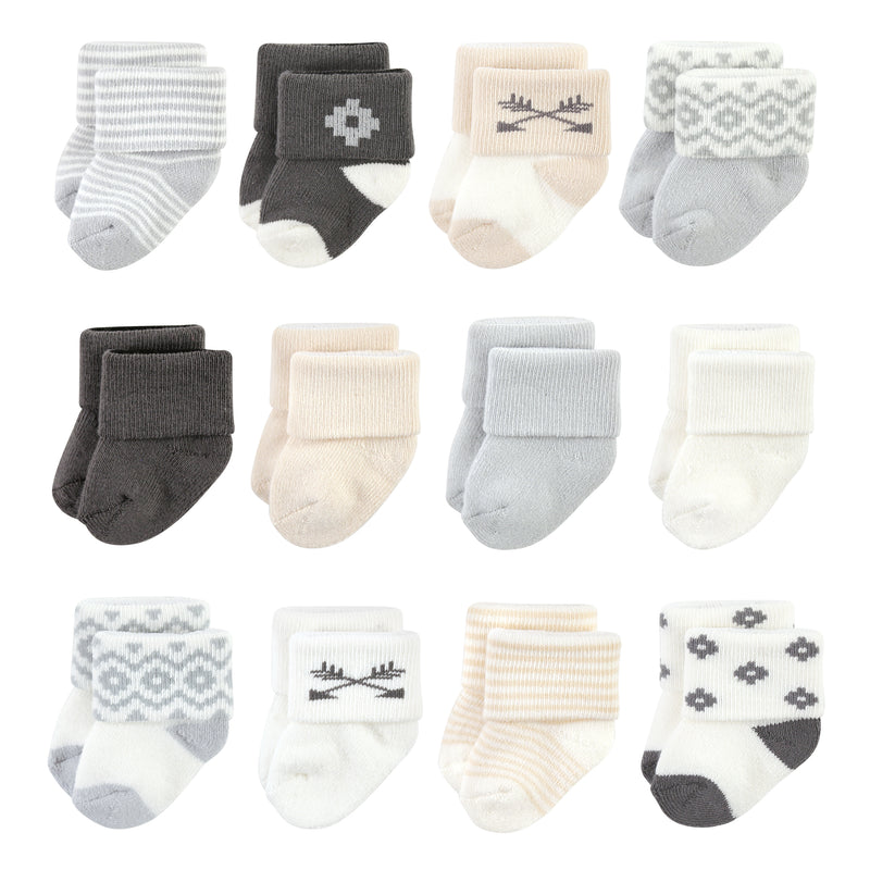 Hudson Baby Cotton Rich Newborn and Terry Socks, Aztec 12-Pack