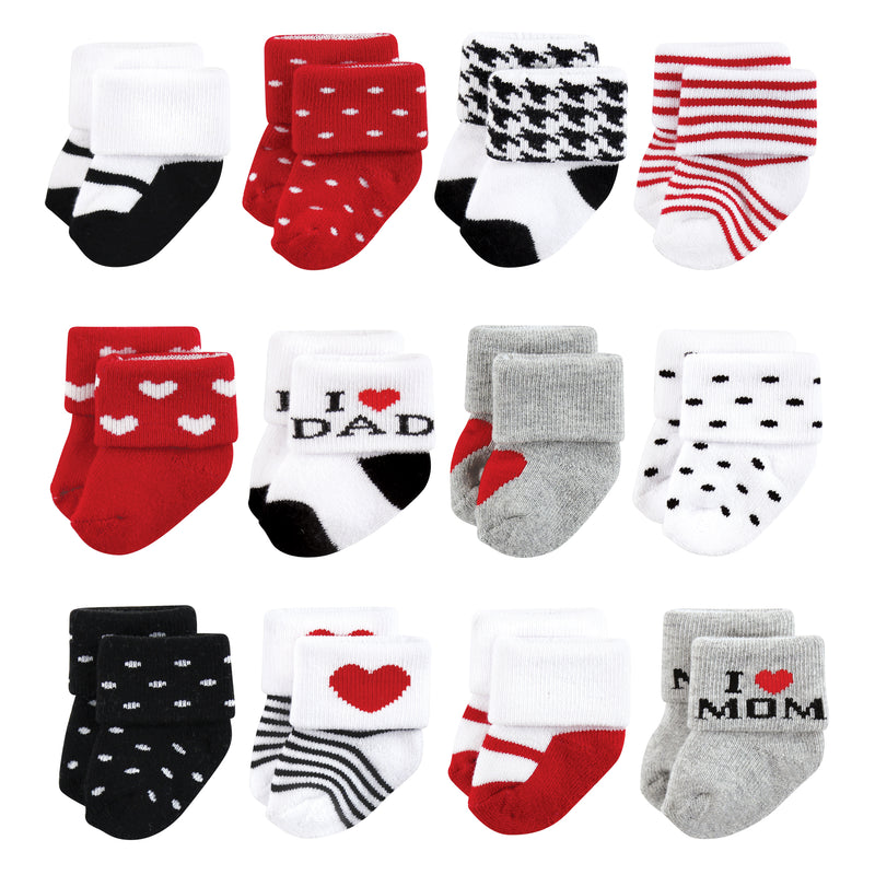 Hudson Baby Cotton Rich Newborn and Terry Socks, Mom and Dad Girl Red Black 12-Pack