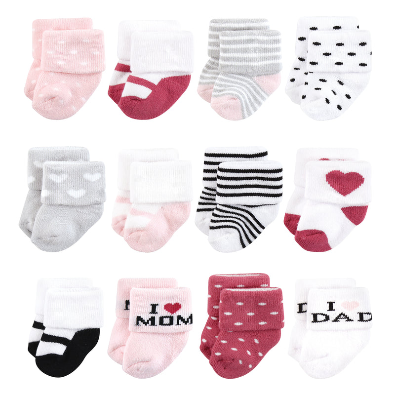 Hudson Baby Cotton Rich Newborn and Terry Socks, Mom and Dad Girl Pink Black 12-Pack