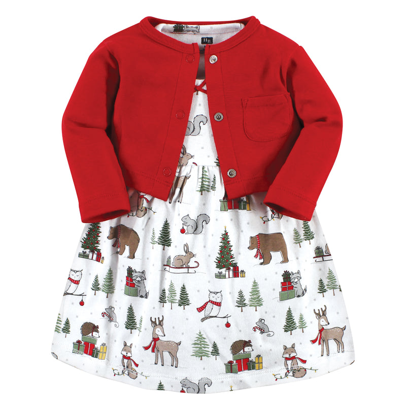 Hudson Baby Cotton Dress and Cardigan Set, Red Winter Forest