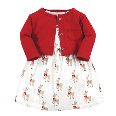 Hudson Baby Cotton Dress and Cardigan Set, Fancy Rudolph
