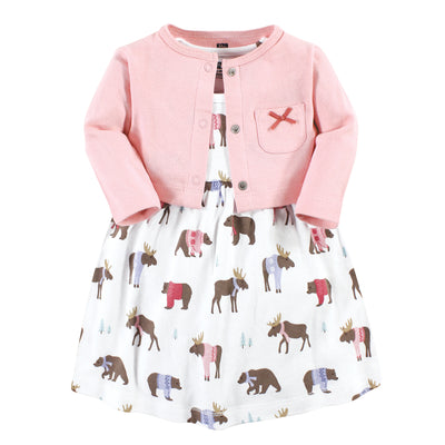 Hudson Baby Cotton Dress and Cardigan Set, Pink Moose Bear