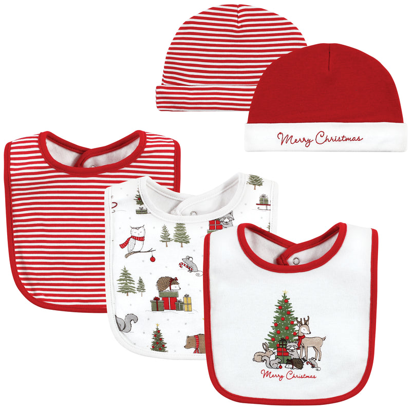 Hudson Baby Cotton Bib and Headband or Caps Set, Christmas Forest