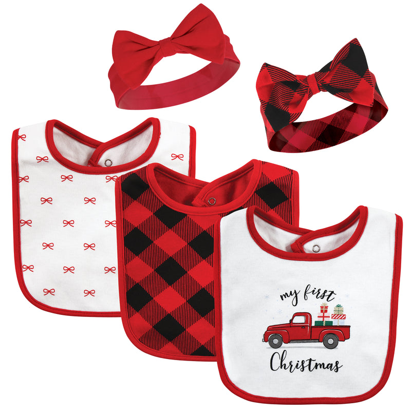 Hudson Baby Cotton Bib and Headband or Caps Set, Red Truck Bows