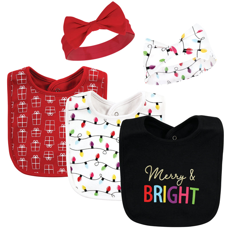 Hudson Baby Cotton Bib and Headband or Caps Set, Merry And Bright
